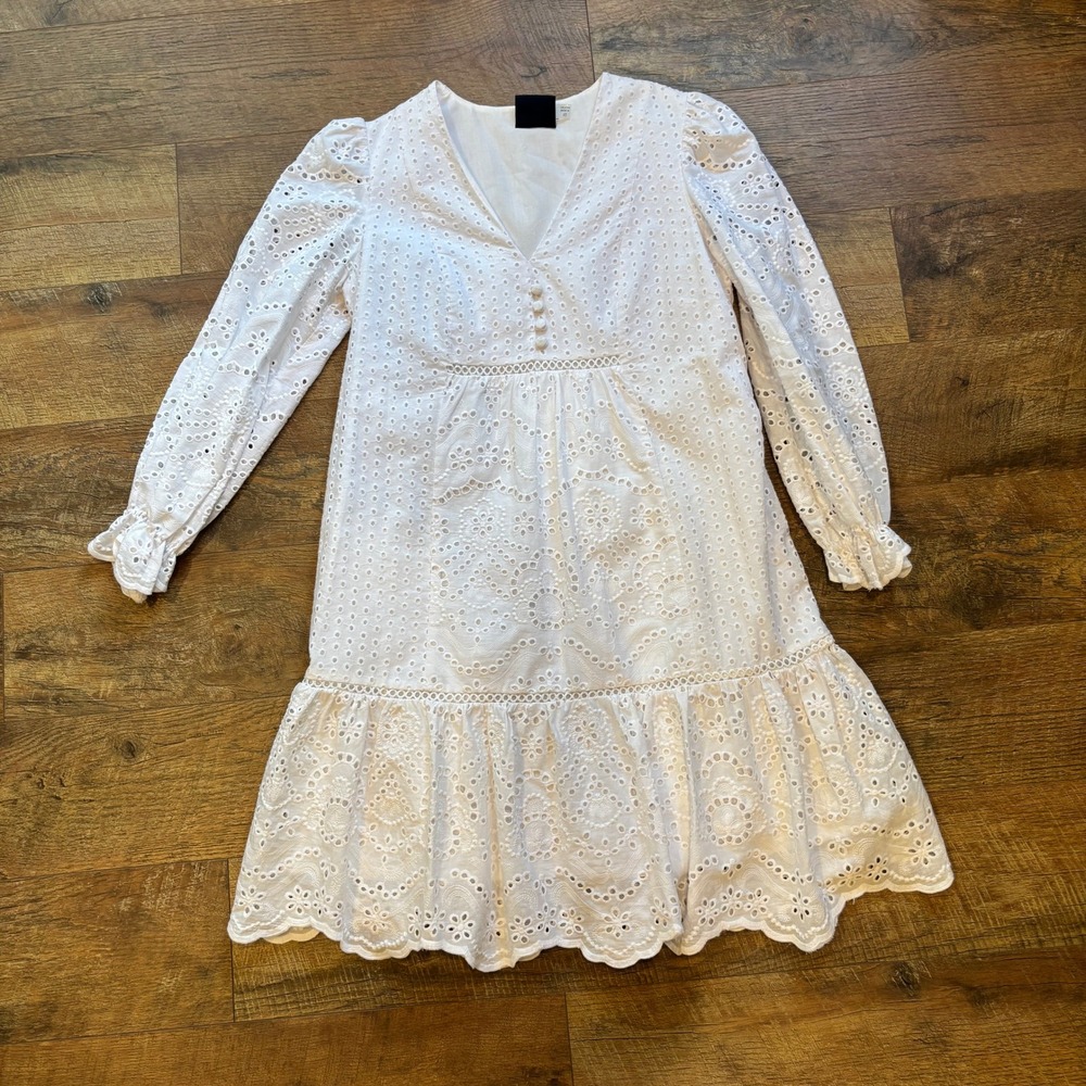 Just Taylor White Eyelet Puff Sleeve Dress Tiered‎ Midi Cottagecore Boho Chic 10
